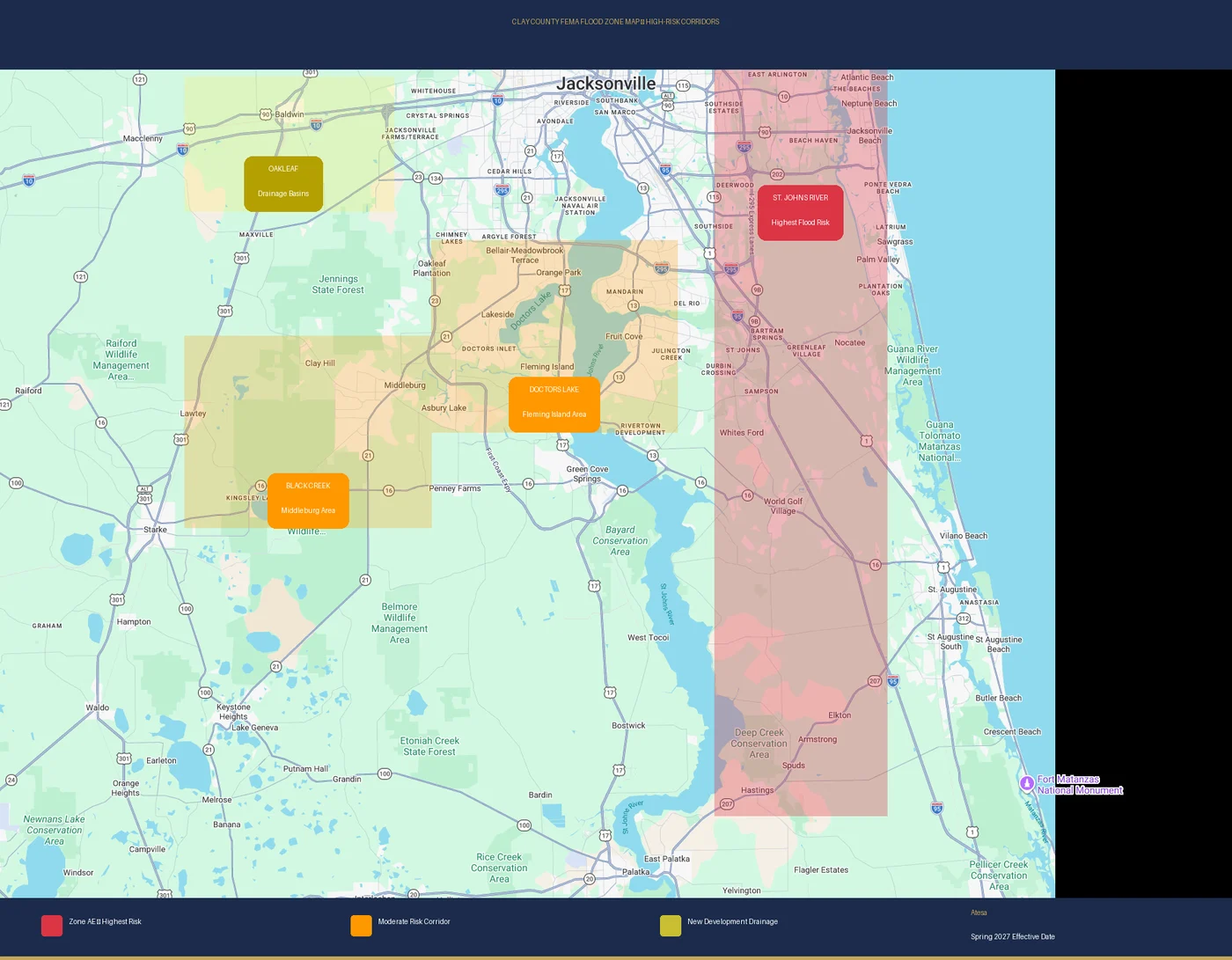 Clay County, FL flood zone map showing Special Flood Hazard Areas along the St. Johns River, Doctors Lake, Black Creek, and Doctors Inlet