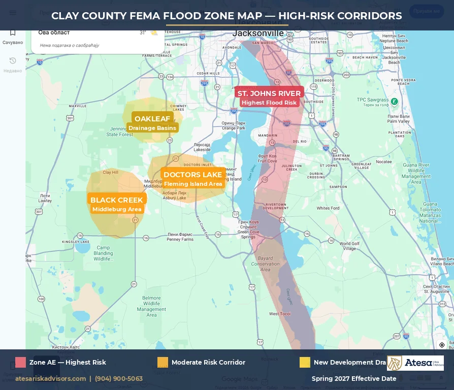 Clay County, FL flood zone map showing Special Flood Hazard Areas along the St. Johns River, Doctors Lake, Black Creek, and Doctors Inlet