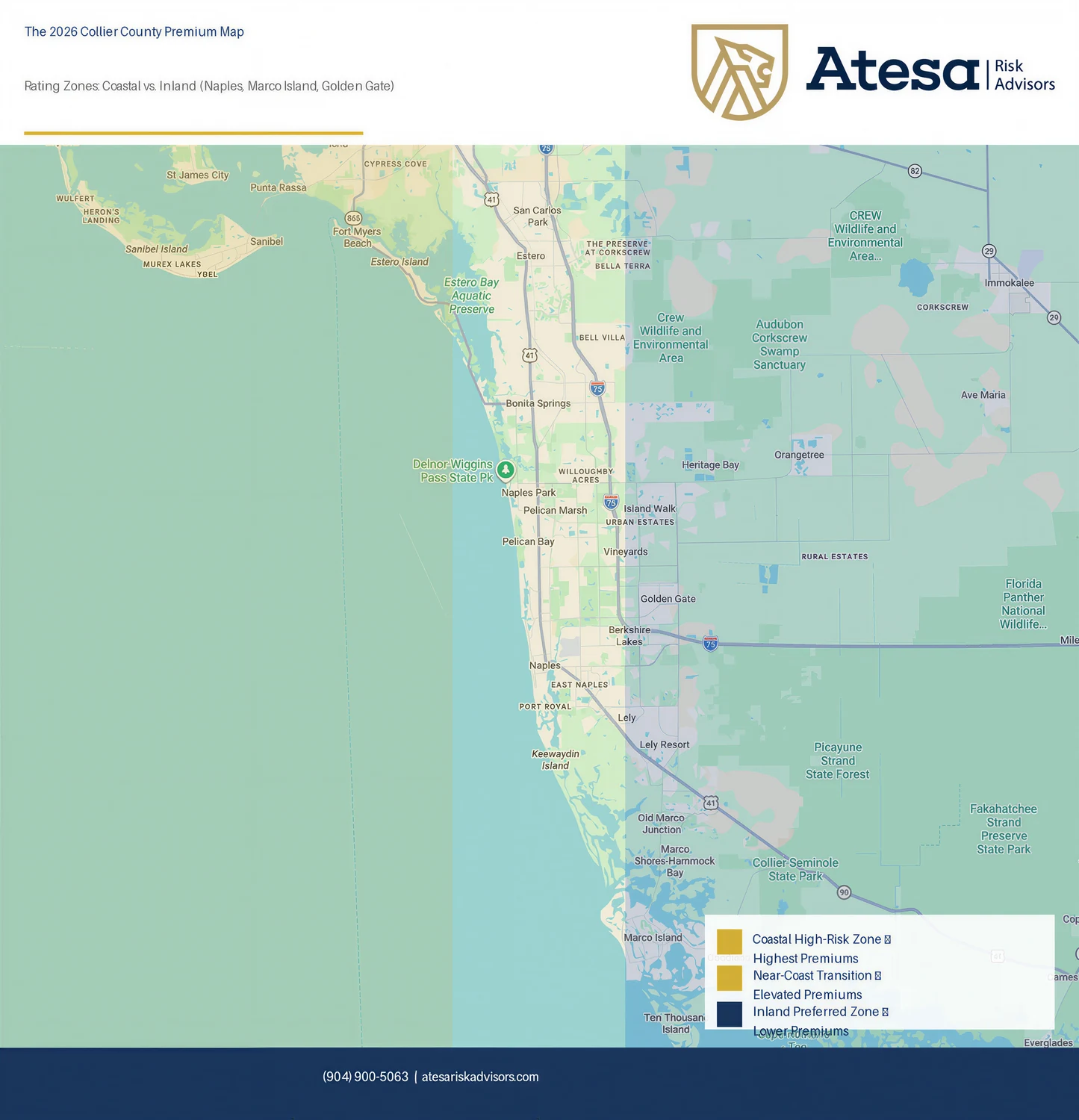The 2026 Collier County Premium Map: Coastal high-risk zones (Marco Island, Old Naples, Park Shore, Pelican Bay) versus inland preferred zones (Naples Park, Lely, Golden Gate Estates).