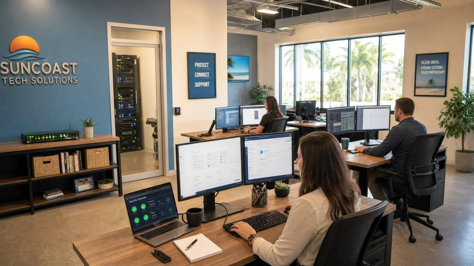 Modern Florida small-business office workspace — laptops, smartphones, and cloud-based applications that make every small business a cyber target in 2026