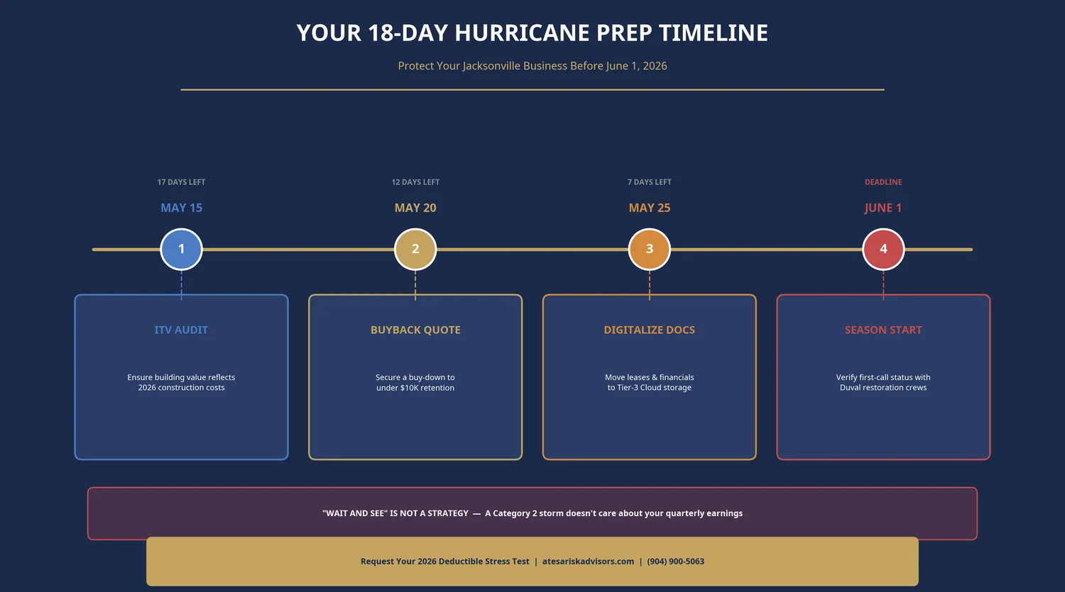 Day-by-day hurricane prep timeline from May 13 to June 1 — ITV audit, quote submission, lender covenant verification, buyback bind, and document digitization milestones for a Jacksonville commercial property owner