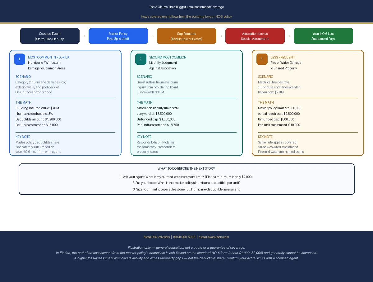 The three claims that most often trigger Florida condo loss assessment coverage, shown as a flow from a covered event through the master policy to your HO-6: (1) hurricane or windstorm damage to common areas, where the master policy's hurricane deductible is passed on to owners; (2) a liability judgment against the association that exceeds its coverage; and (3) fire or water damage to shared property beyond the master limit — each with a worked dollar example. Illustrative only; in Florida the portion of an assessment tied to the master-policy deductible is separately sub-limited on the standard HO-6 form.