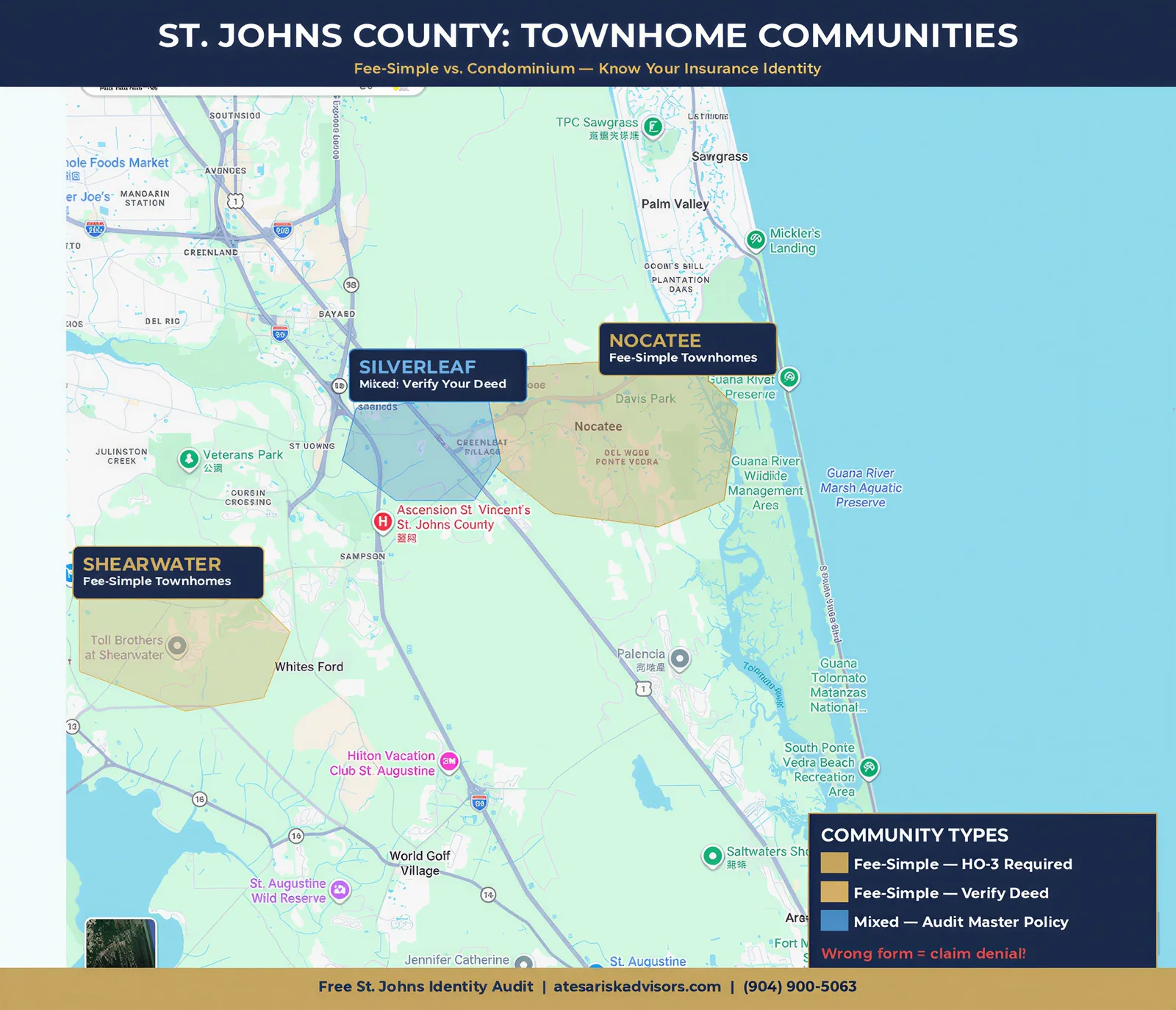 Map of St. Johns County townhome communities — Nocatee, Silverleaf, Shearwater, Beacon Lake, and Beachwalk highlighted as key 2026 townhome capacity zones along the First Coast